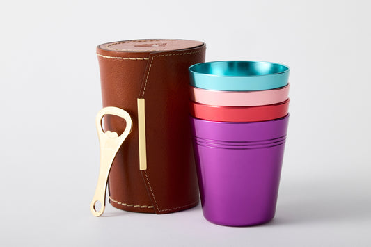 Set of 4 colourful anodised aluminium cups with leather case and bottle opener – Maits Brights collection