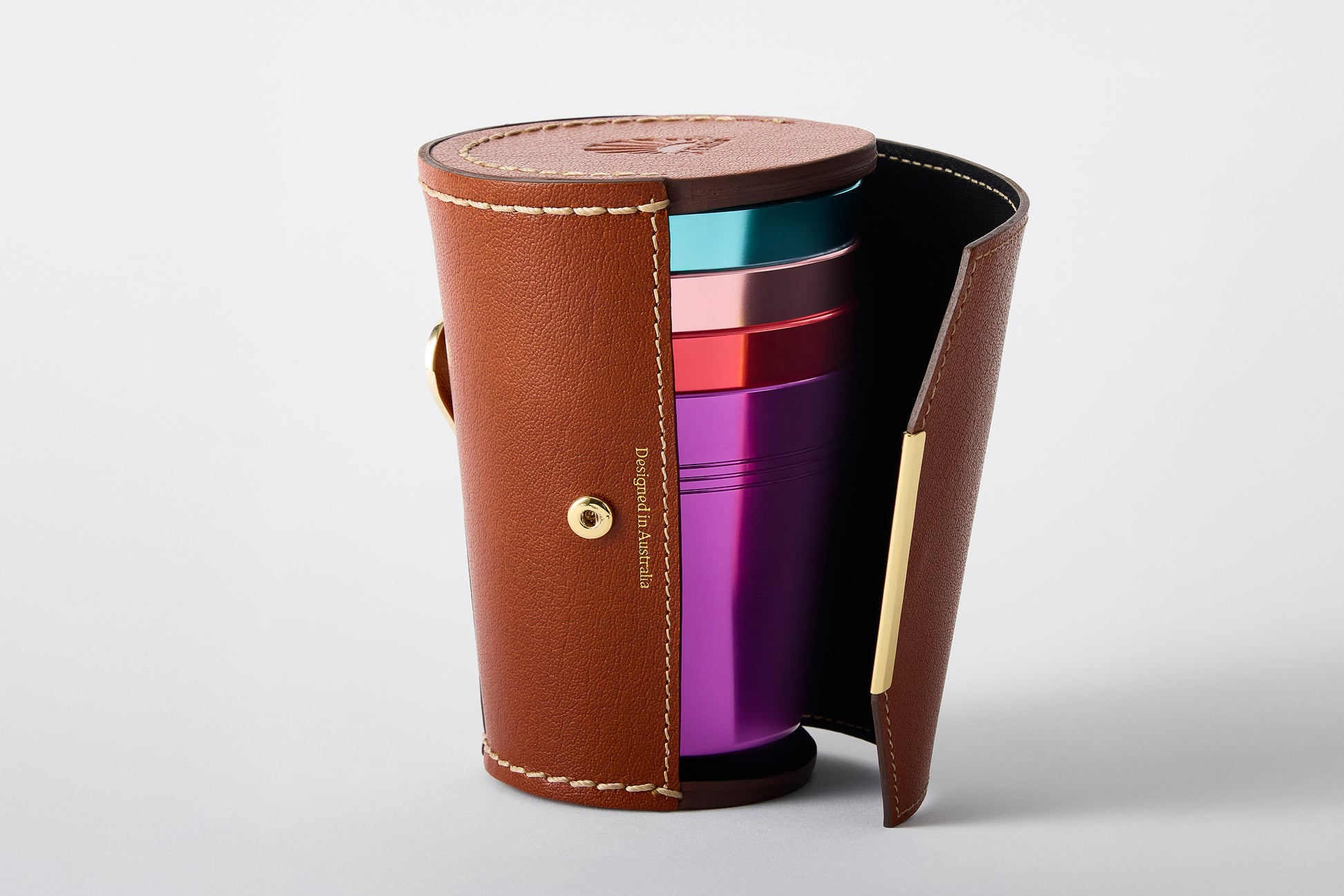 Anodised aluminium drinkware stacked inside premium leather case – Maits Brights