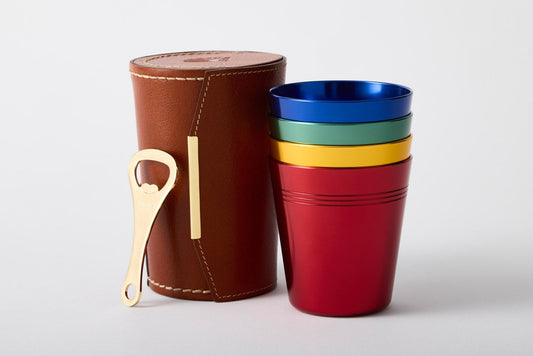 Set of 4 classic anodised aluminium cups with leather carry case and bottle opener – Maits