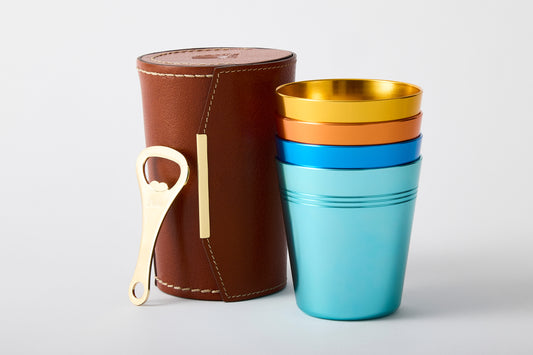 Set of 4 anodised aluminium cups in coastal colours with leather carry case and opener – Maits