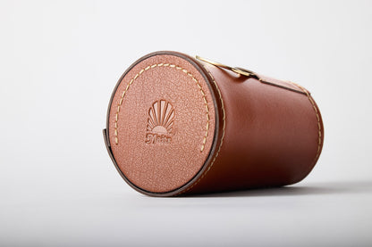 Close-up of Maits logo embossed on leather carry case for anodised aluminium cups